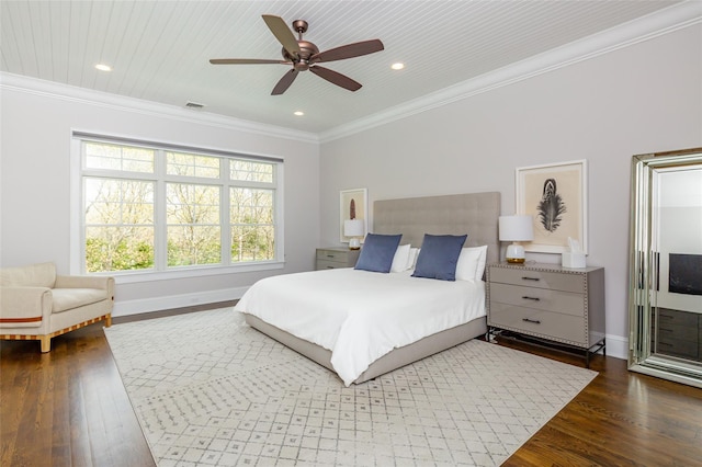 bedroom featuring ceiling fan, wooden ceiling, dark hardwood / wood-style floors, and ornamental molding