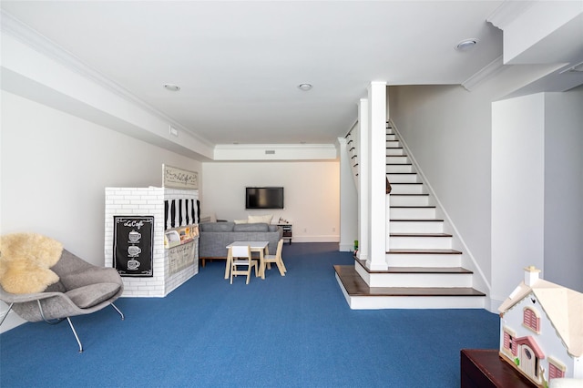 interior space with crown molding and dark carpet