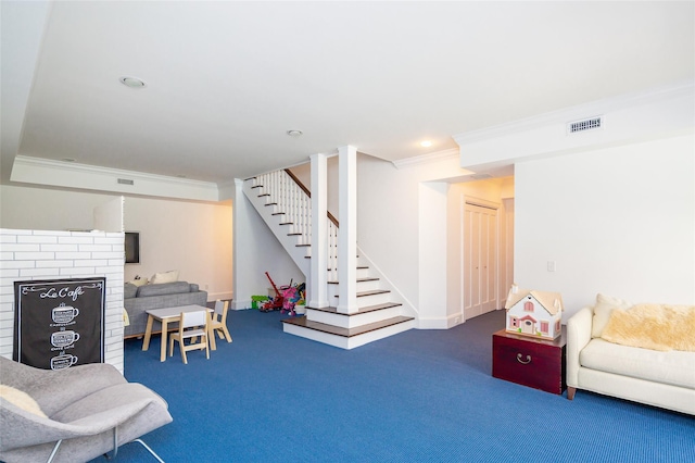 game room with dark colored carpet and crown molding