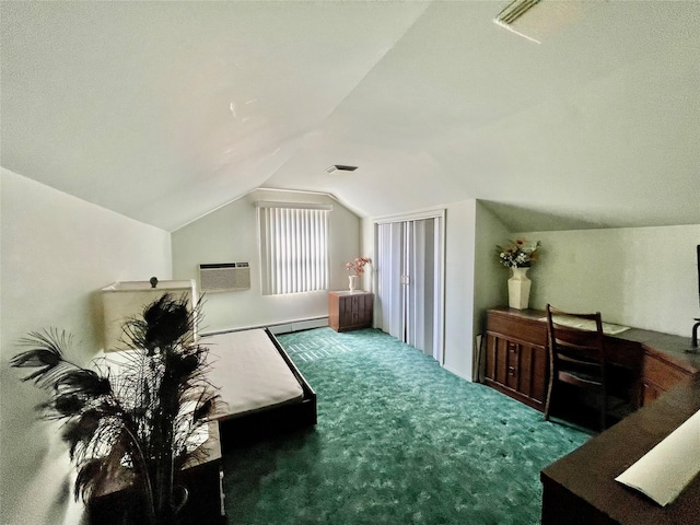 carpeted bedroom with lofted ceiling, baseboard heating, and an AC wall unit