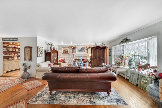 living room with crown molding and light hardwood / wood-style flooring