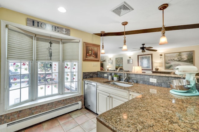 kitchen featuring stainless steel dishwasher, sink, a wealth of natural light, and a baseboard radiator