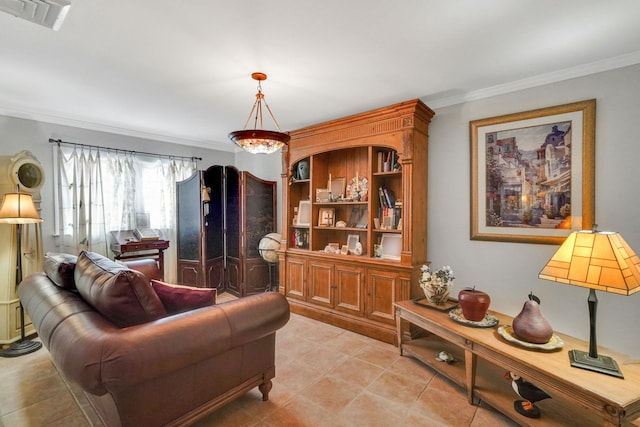 living room with light tile patterned floors and crown molding