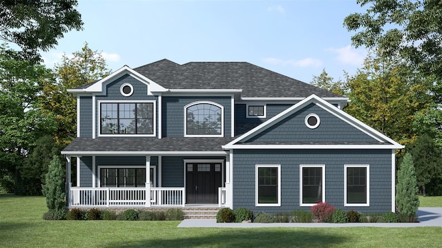 view of front of house featuring covered porch, a front yard, and a shingled roof