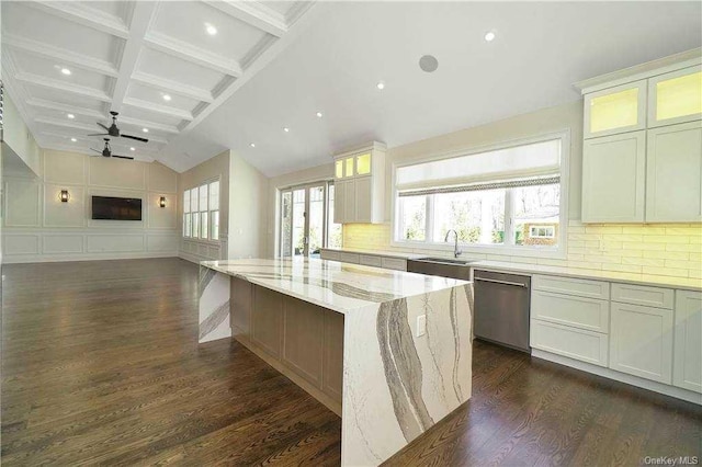 kitchen featuring dark wood-style floors, dishwasher, a wealth of natural light, and light stone counters