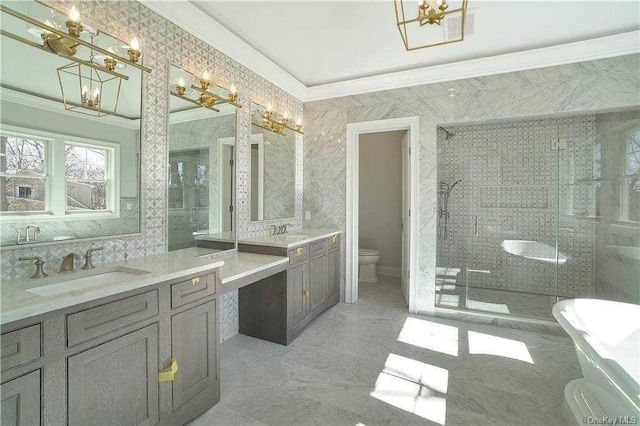 bathroom featuring toilet, a stall shower, an inviting chandelier, crown molding, and vanity