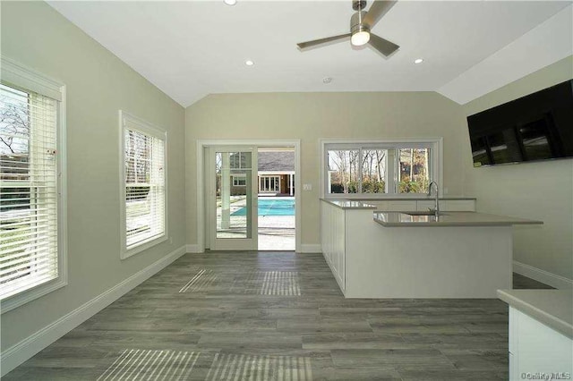 interior space with baseboards, lofted ceiling, and dark wood finished floors