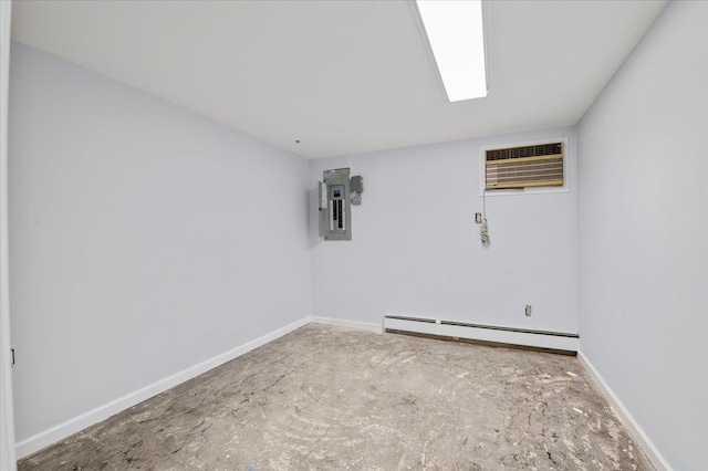 unfurnished room featuring a wall mounted air conditioner, electric panel, and a baseboard heating unit