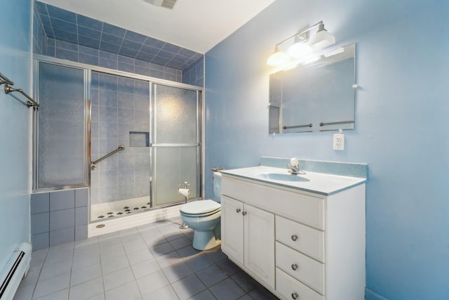 bathroom with toilet, walk in shower, a baseboard heating unit, tile patterned floors, and vanity