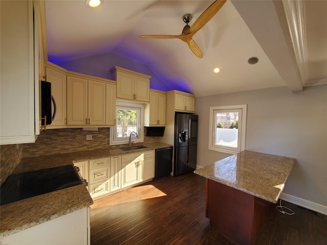 kitchen with black appliances, lofted ceiling, sink, ceiling fan, and light stone counters