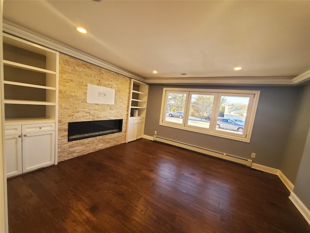 unfurnished living room featuring a stone fireplace, dark hardwood / wood-style floors, a baseboard radiator, built in features, and crown molding