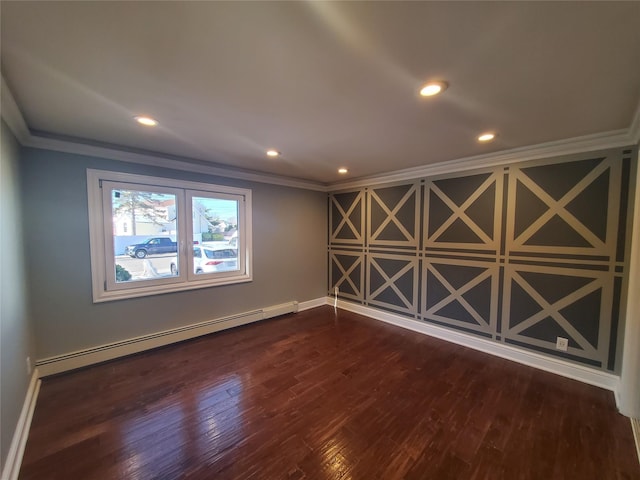 spare room with dark hardwood / wood-style floors, crown molding, and a baseboard radiator