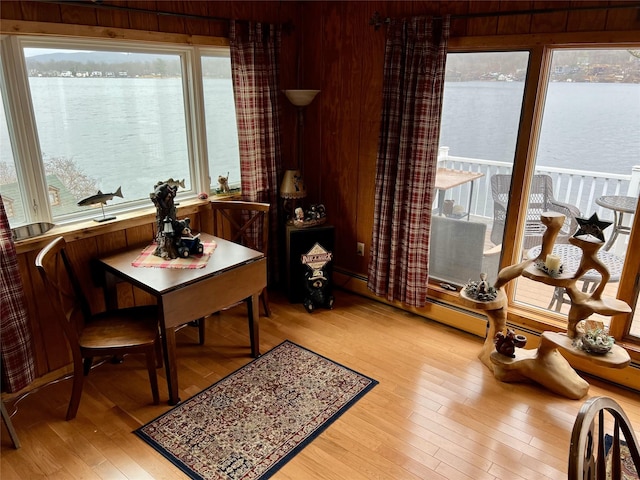 interior space featuring wood walls, light hardwood / wood-style flooring, and a water view