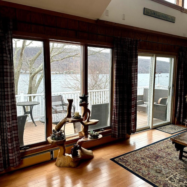 interior space featuring light hardwood / wood-style floors, a water view, and wooden walls