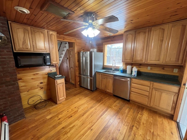 kitchen featuring sink, stainless steel appliances, wooden walls, wood ceiling, and light wood-type flooring