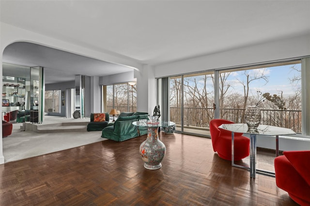 living room with parquet floors