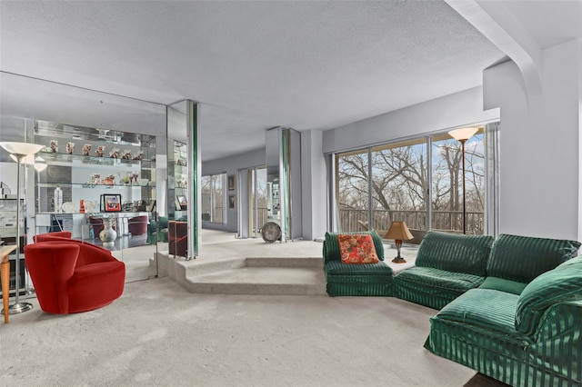 carpeted living room with a textured ceiling