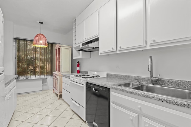 kitchen featuring sink, white gas stove, white cabinetry, hanging light fixtures, and dishwasher