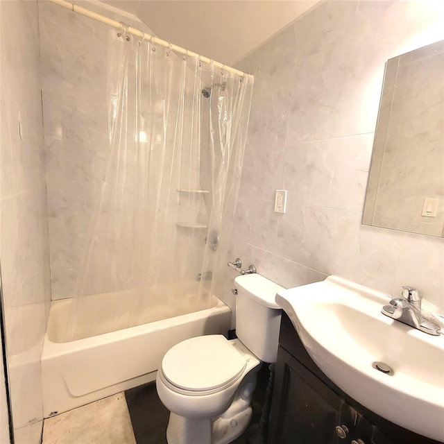 full bathroom with vanity, decorative backsplash, toilet, shower / bath combo with shower curtain, and tile walls