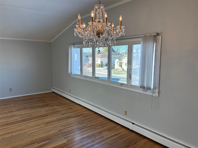 unfurnished dining area with a chandelier, dark hardwood / wood-style flooring, a baseboard radiator, and lofted ceiling