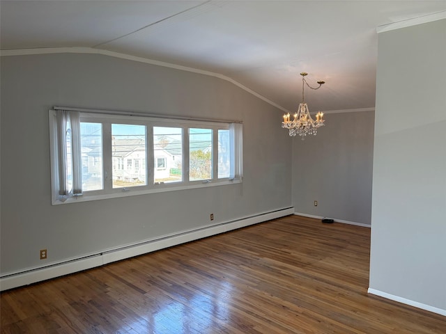 unfurnished room featuring an inviting chandelier, lofted ceiling, dark wood-type flooring, and a baseboard radiator