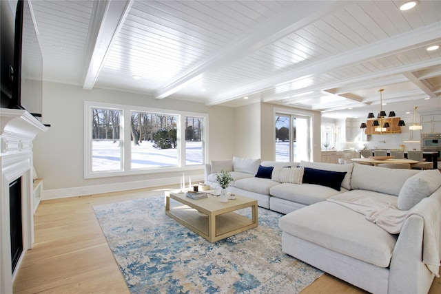 living room featuring beam ceiling and light hardwood / wood-style floors