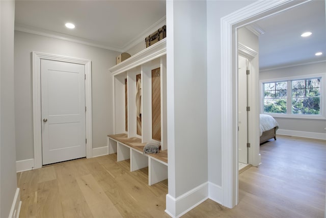 mudroom featuring crown molding and light hardwood / wood-style floors