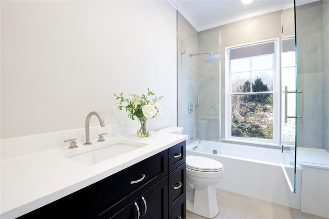 full bathroom with vanity, crown molding, a wealth of natural light, and shower / bath combination with glass door