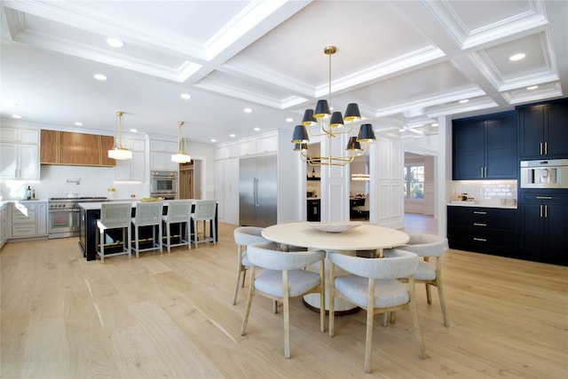 dining space with crown molding, beam ceiling, coffered ceiling, light hardwood / wood-style floors, and a chandelier