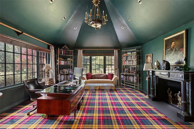 home office with high vaulted ceiling