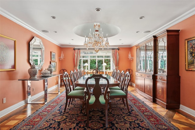 dining area featuring light parquet floors, a chandelier, and ornamental molding