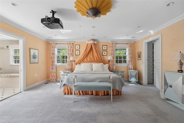 carpeted bedroom featuring crown molding and multiple windows