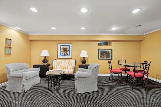 carpeted living room featuring crown molding