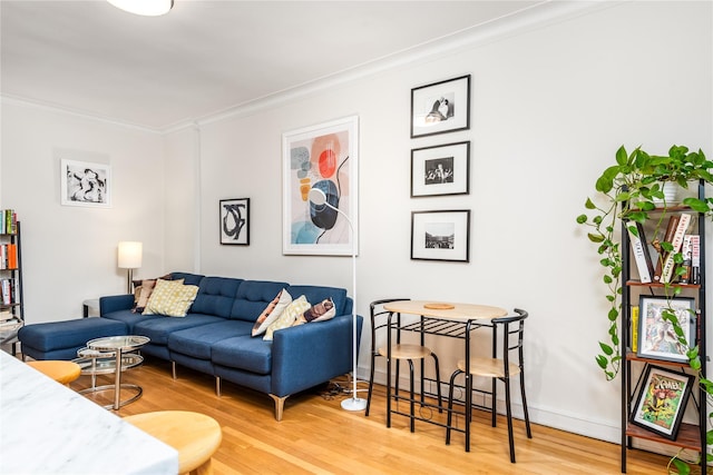 living room with wood-type flooring and crown molding