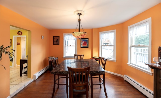 dining room with dark hardwood / wood-style flooring and a baseboard heating unit