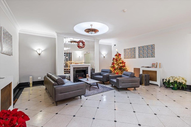 living room with ornamental molding