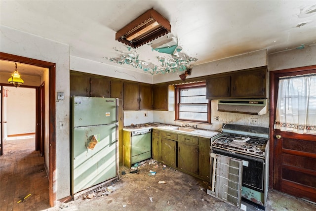 kitchen featuring gas range oven, stainless steel dishwasher, range hood, white refrigerator, and dark brown cabinets