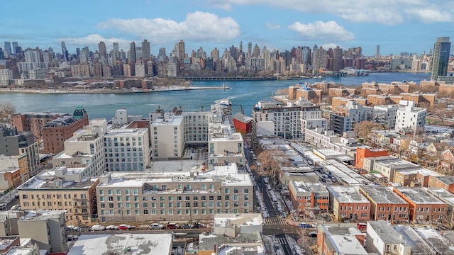 bird's eye view with a water view