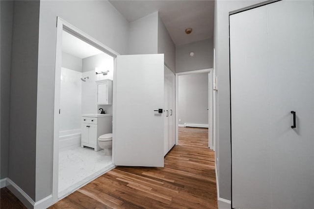 hall featuring sink and hardwood / wood-style flooring