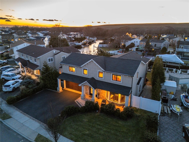 view of aerial view at dusk