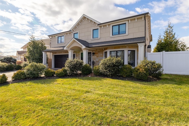 view of front of home with a garage and a front lawn