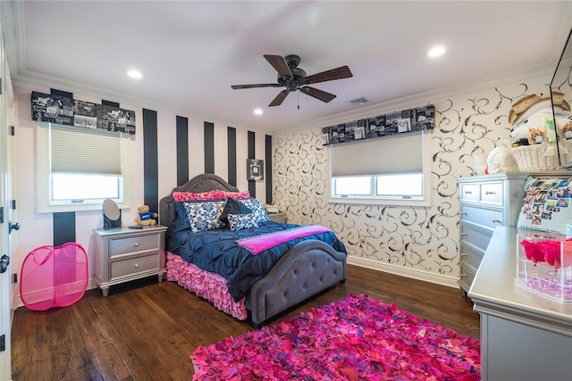 bedroom featuring crown molding, ceiling fan, and dark wood-type flooring