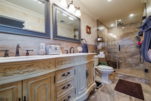 bathroom with decorative backsplash, vanity, walk in shower, and ornamental molding