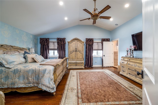 bedroom featuring wood-type flooring, ceiling fan, and lofted ceiling