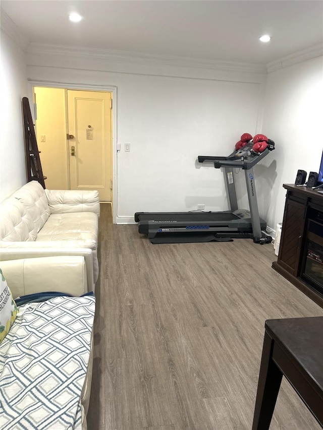 workout room featuring wood-type flooring and ornamental molding