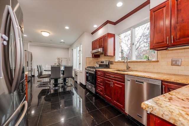 kitchen with light stone counters, a healthy amount of sunlight, sink, and stainless steel appliances