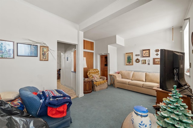 living room with light colored carpet and ornamental molding