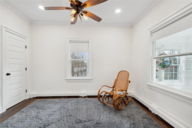 living area with dark wood-type flooring, a wealth of natural light, ornamental molding, and a baseboard radiator