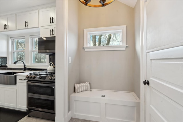 kitchen featuring sink, double oven range, and white cabinets