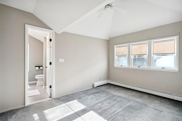 carpeted empty room featuring ceiling fan, a baseboard radiator, and lofted ceiling